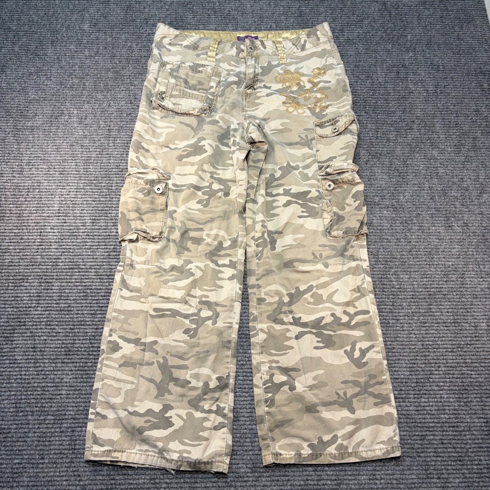 Faded Glory Girls Plus 14 1/2 Camo Cargo Pants Gold Floral Embroidery Wide Leg